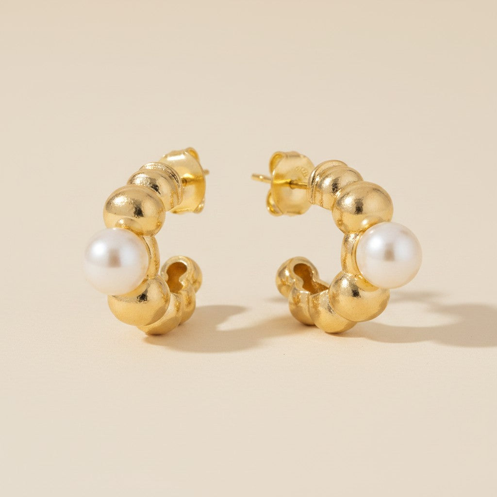 18k Gold Filled Beaded C-Hoop With Simulated Pearl