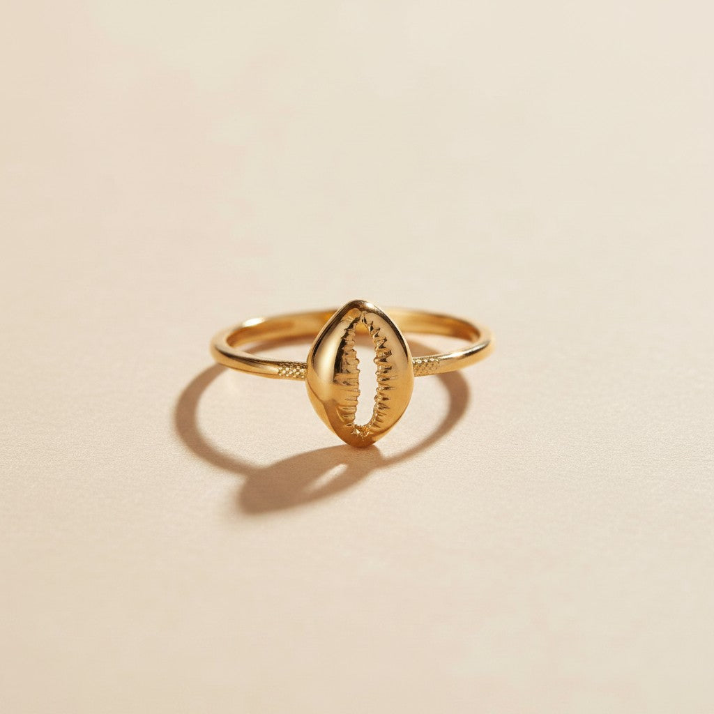 🐚 18k Gold Filled Cowrie Shell Ring — Prosperity. Destiny. Worn at the Finger in Warm Gold.