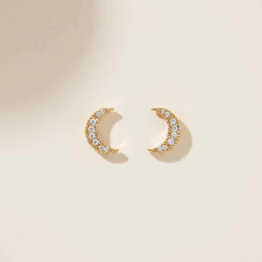 🌙 18k Gold Filled CZ Crescent Moon Stud Earrings — The Moon, Covered in Stars.
