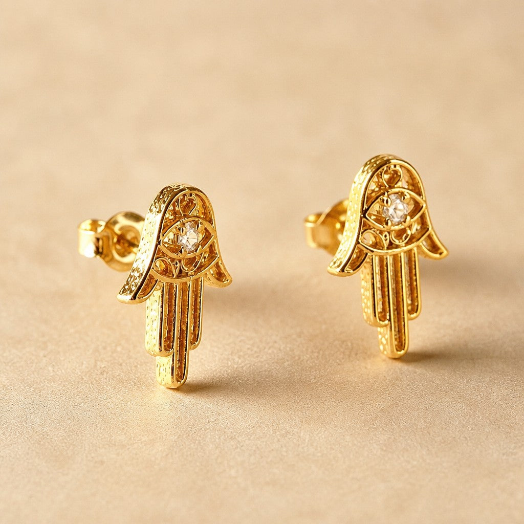18k Gold Filled Hamsa Stud Earrings | Hollow CZ Design