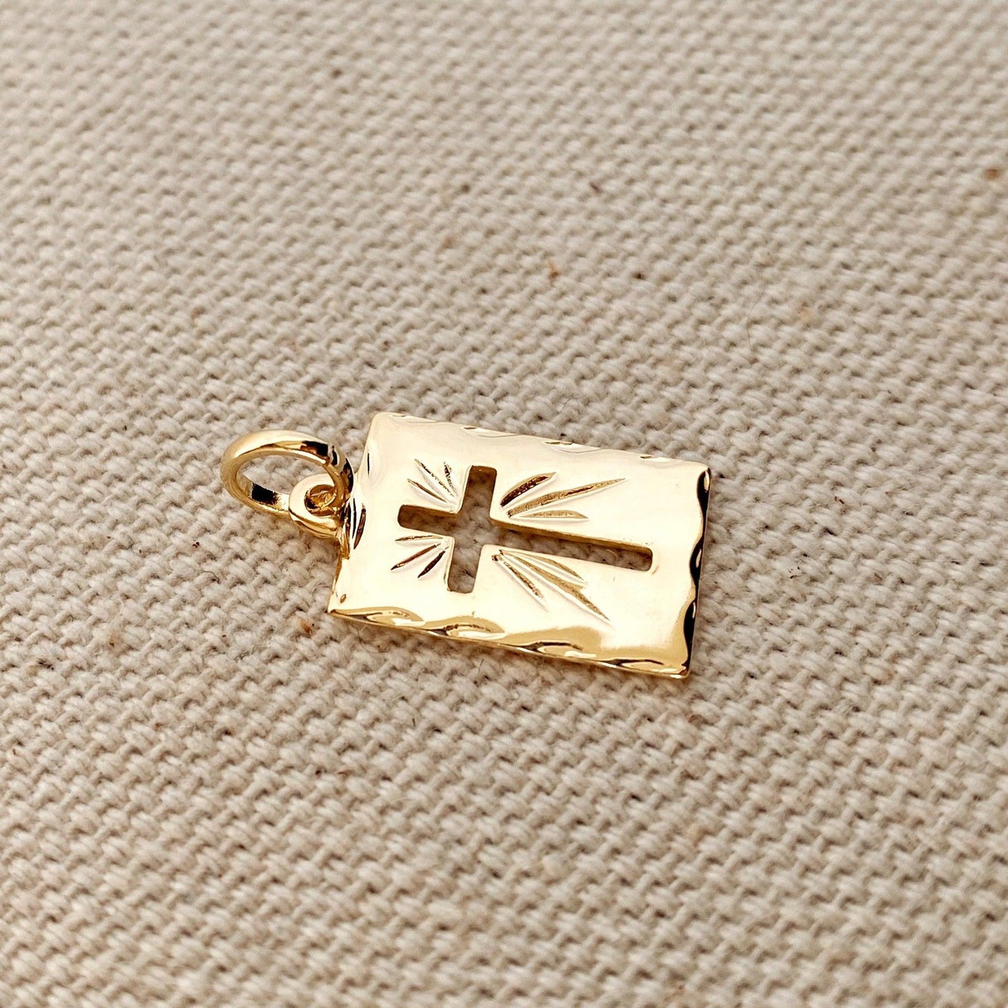 GoldFi 18k Gold Filled Hollow Cross Tag Plate Pendant Featuring Diamond Cut Borders