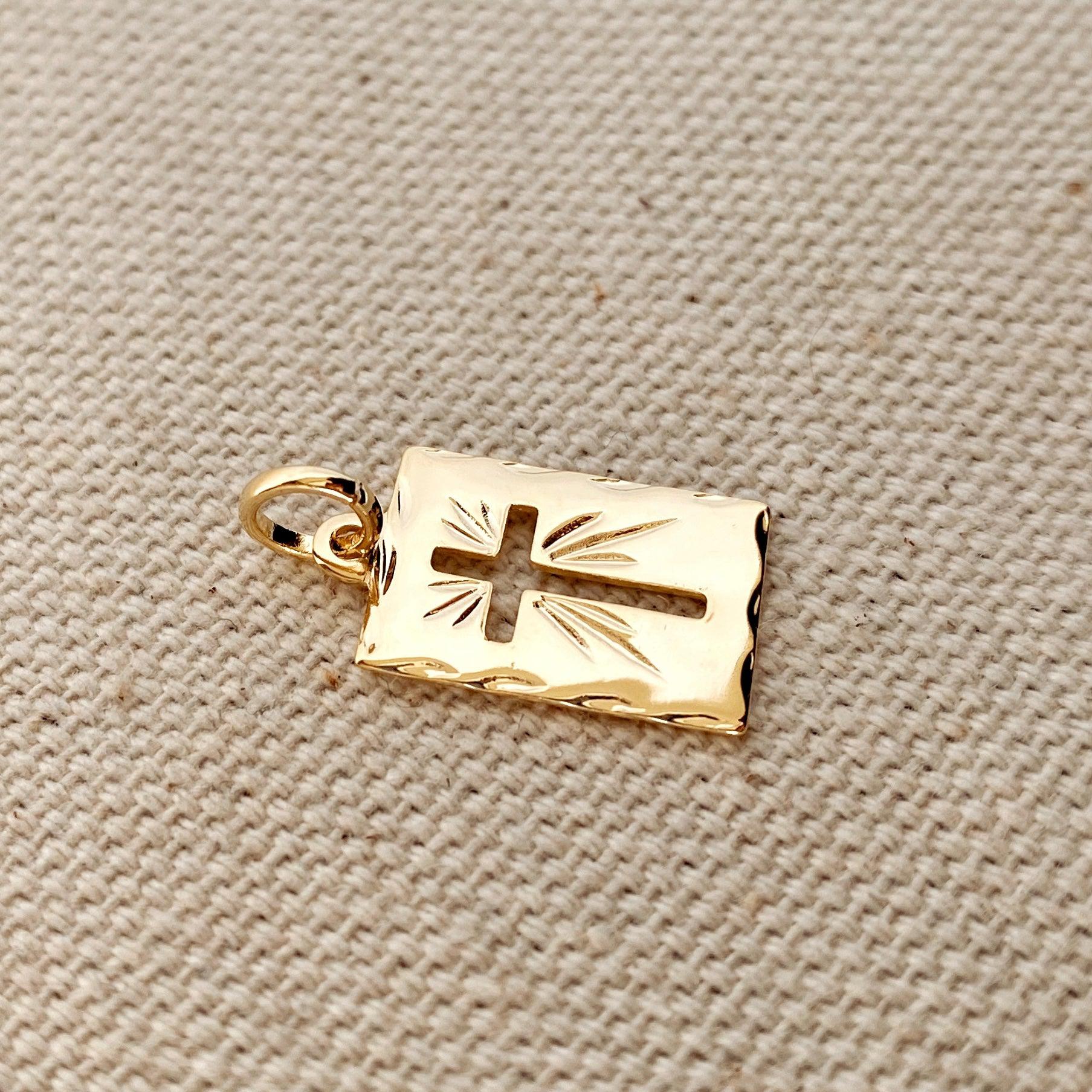 GoldFi 18k Gold Filled Hollow Cross Tag Plate Pendant Featuring Diamond Cut Borders