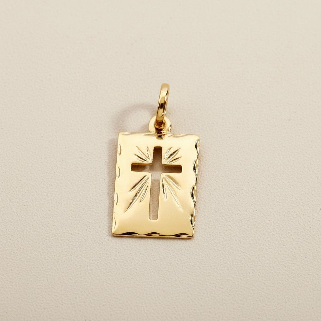 18k Gold Filled Hollow Cross Tag Plate Pendant | Vintage-Style Faith Piece