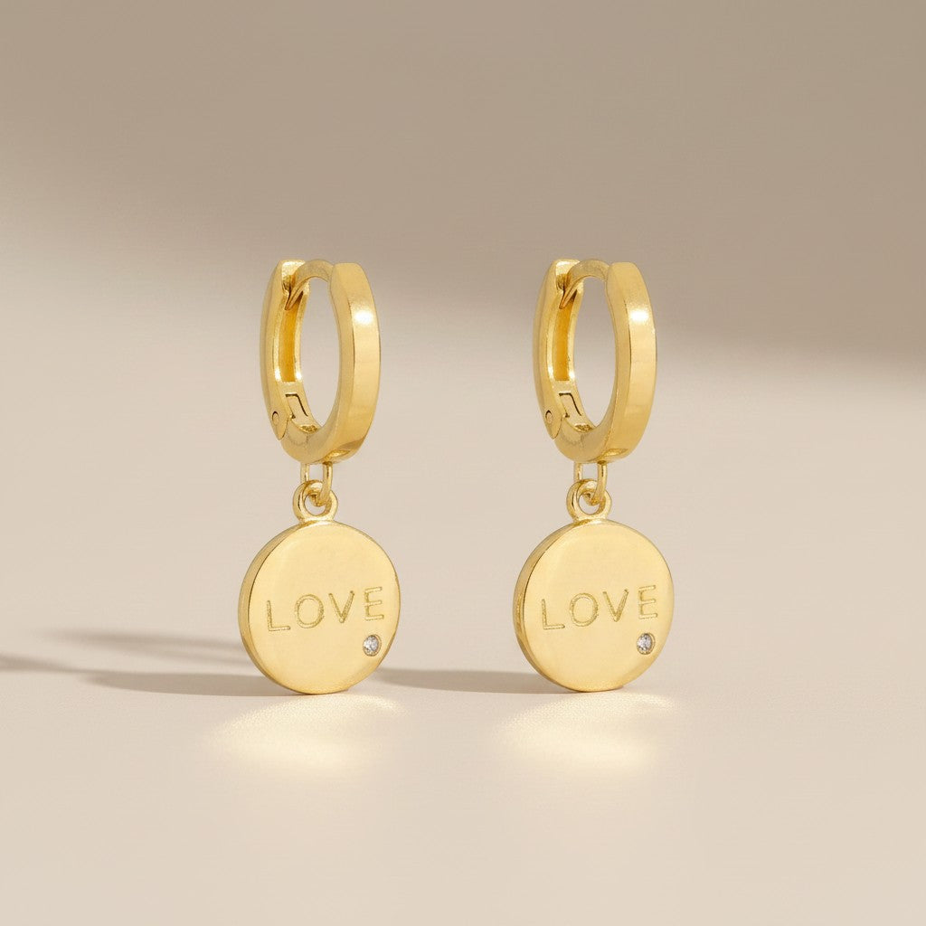 💛 18k Gold Filled LOVE Medallion Hoop Earrings — A Small Hoop. A Circle of Love. Everything It Says.