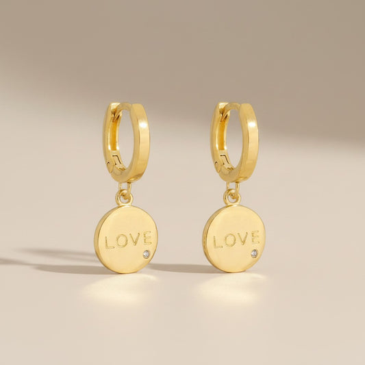 💛 18k Gold Filled LOVE Medallion Hoop Earrings — A Small Hoop. A Circle of Love. Everything It Says.