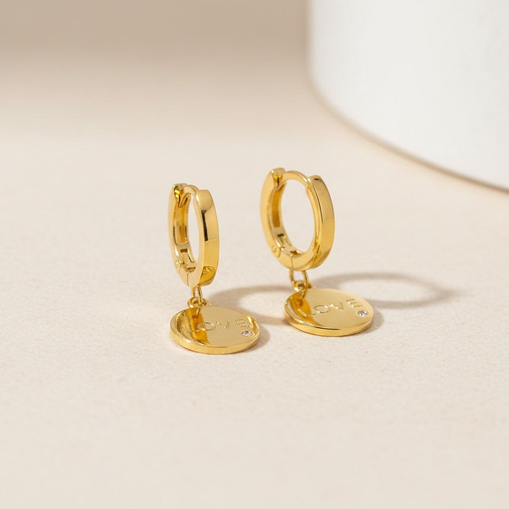 💛 18k Gold Filled LOVE Medallion Hoop Earrings — A Small Hoop. A Circle of Love. Everything It Says.