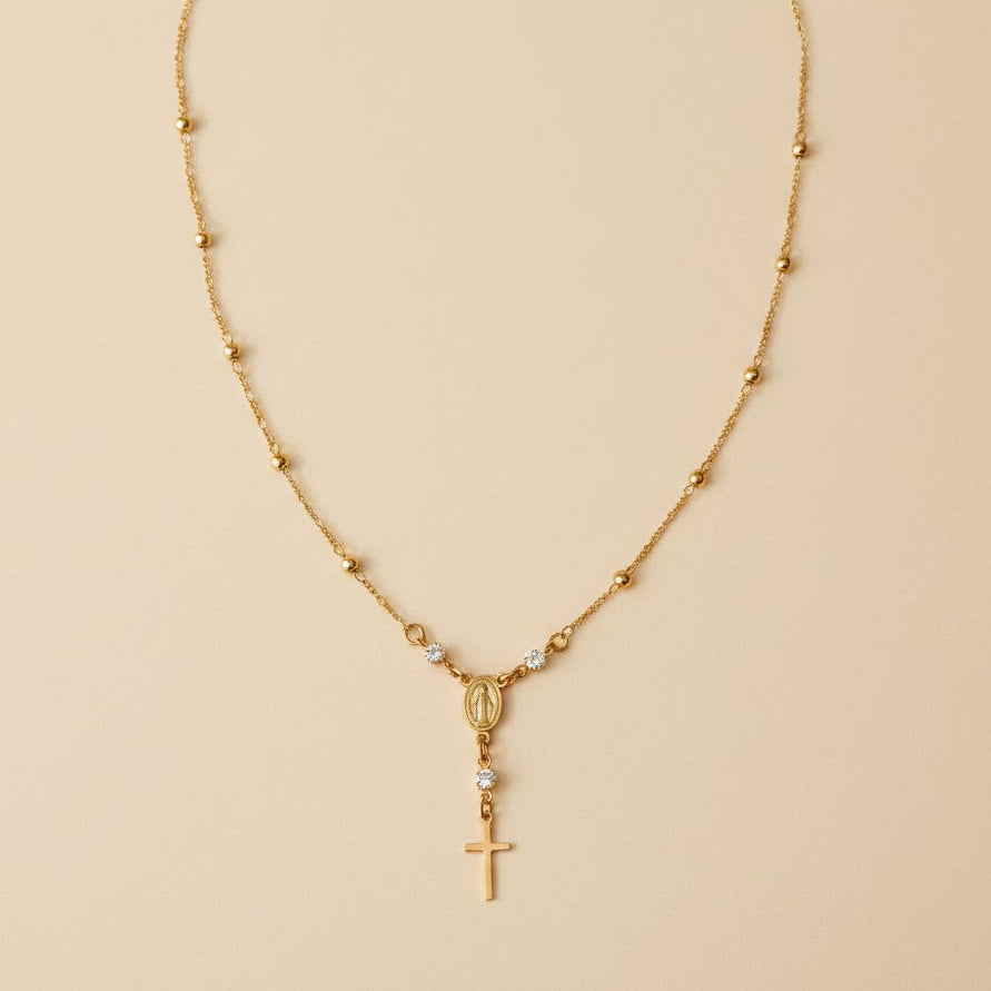 18k Gold Filled Our Lady of Graces Rosary Necklace | Faith, Elegantly Worn