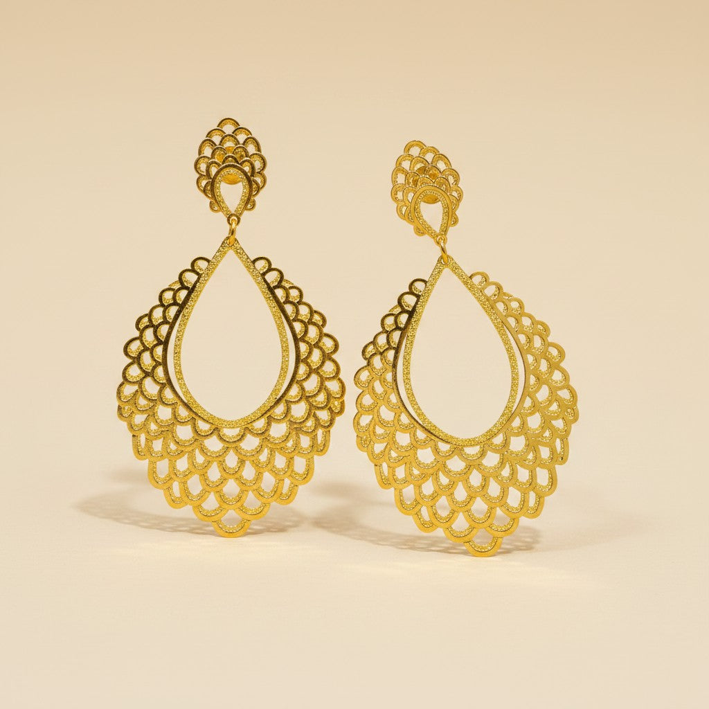 18k Gold Filled Abanico Renda Dangling Earrings | Spanish Fan-Inspired Lace