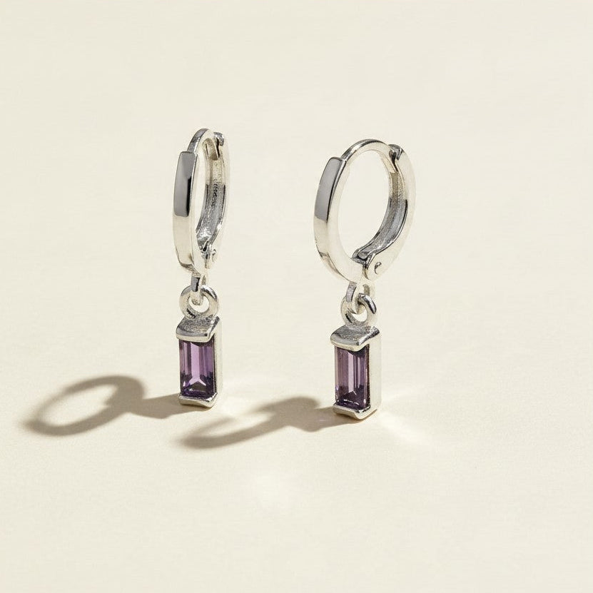 🌈 .925 Silver Filled Birthstone Baguette Huggie Hoop Earrings — Your Month. Your Color. A Daily Charm.