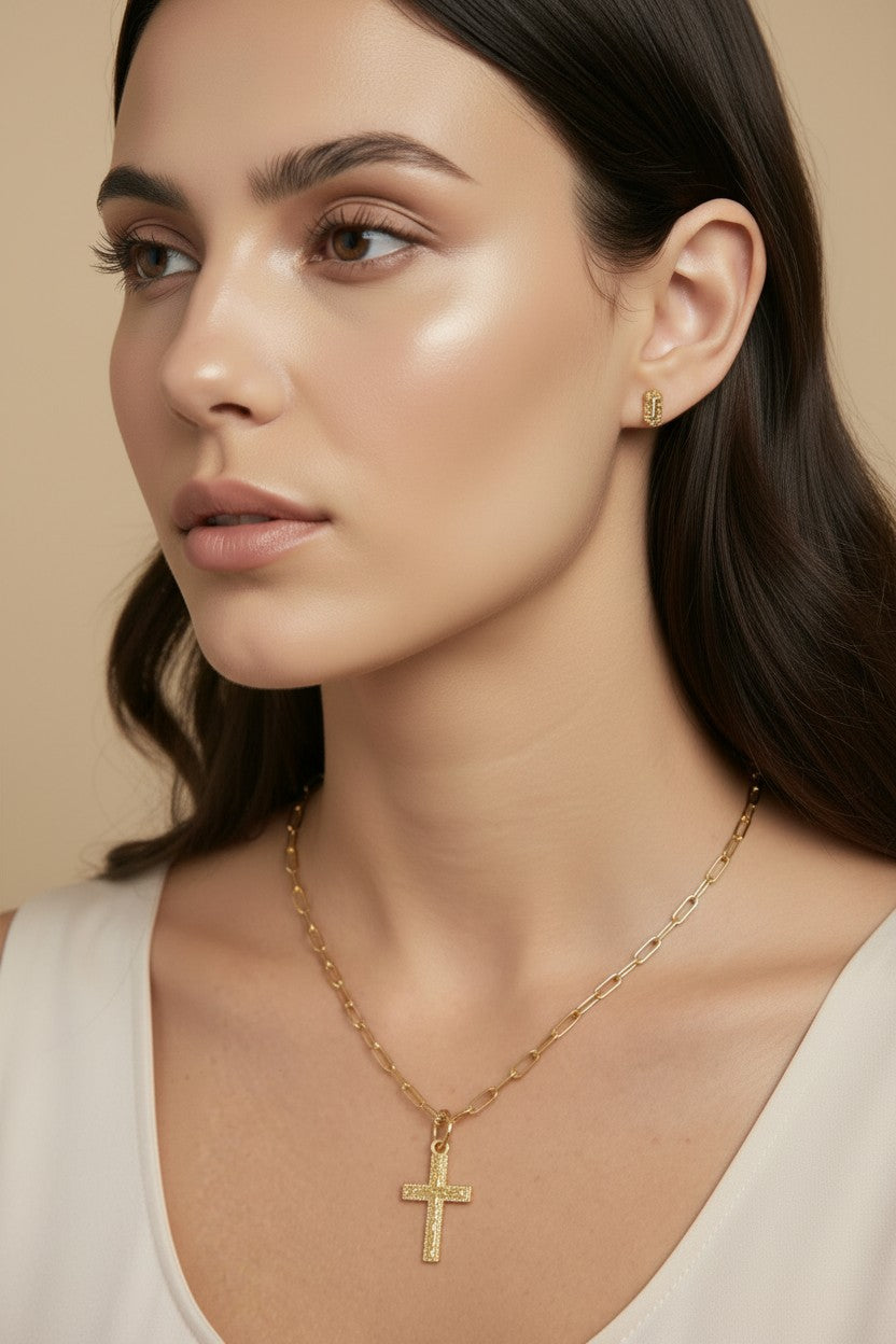 18k Gold Filled Engraved Milgrain Cross Charm — Faith with Old-World Craftsmanship. Worn Today.