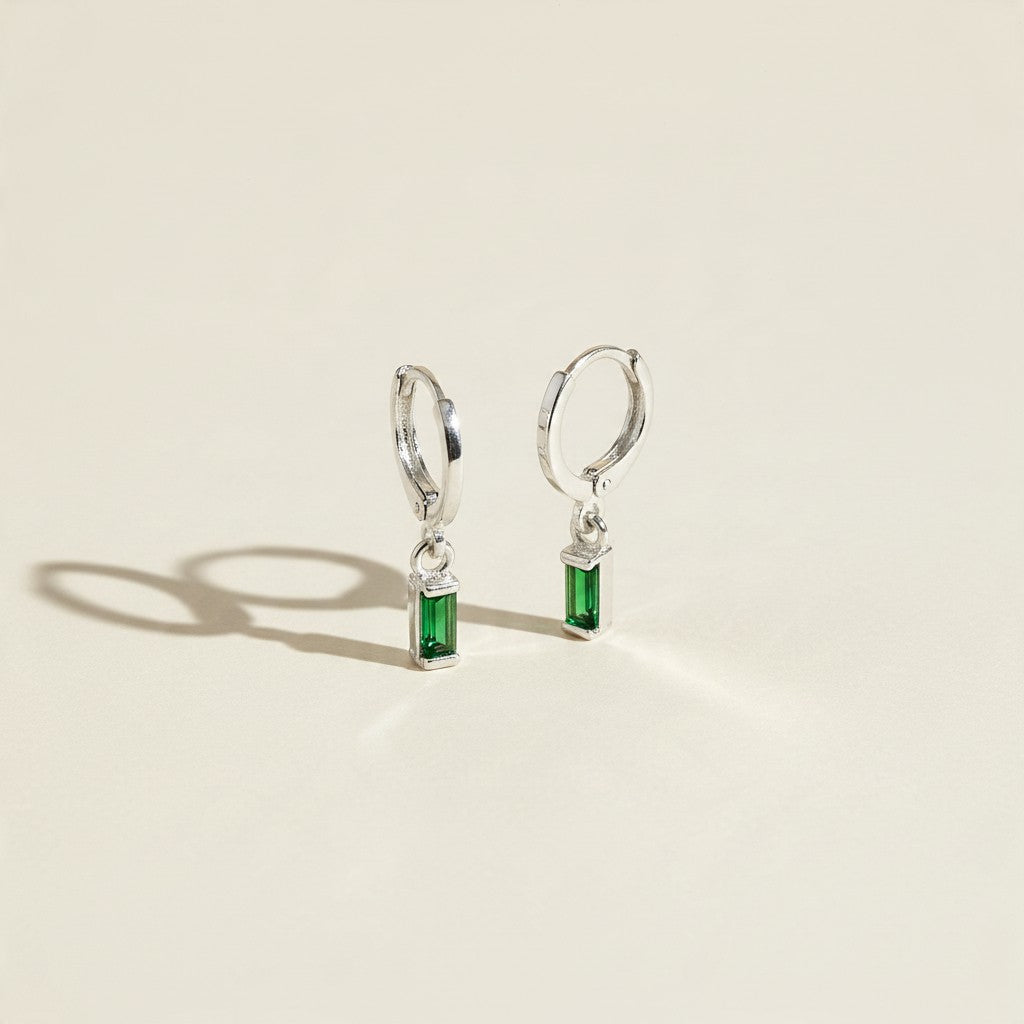 🌈 .925 Silver Filled Birthstone Baguette Huggie Hoop Earrings — Your Month. Your Color. A Daily Charm.