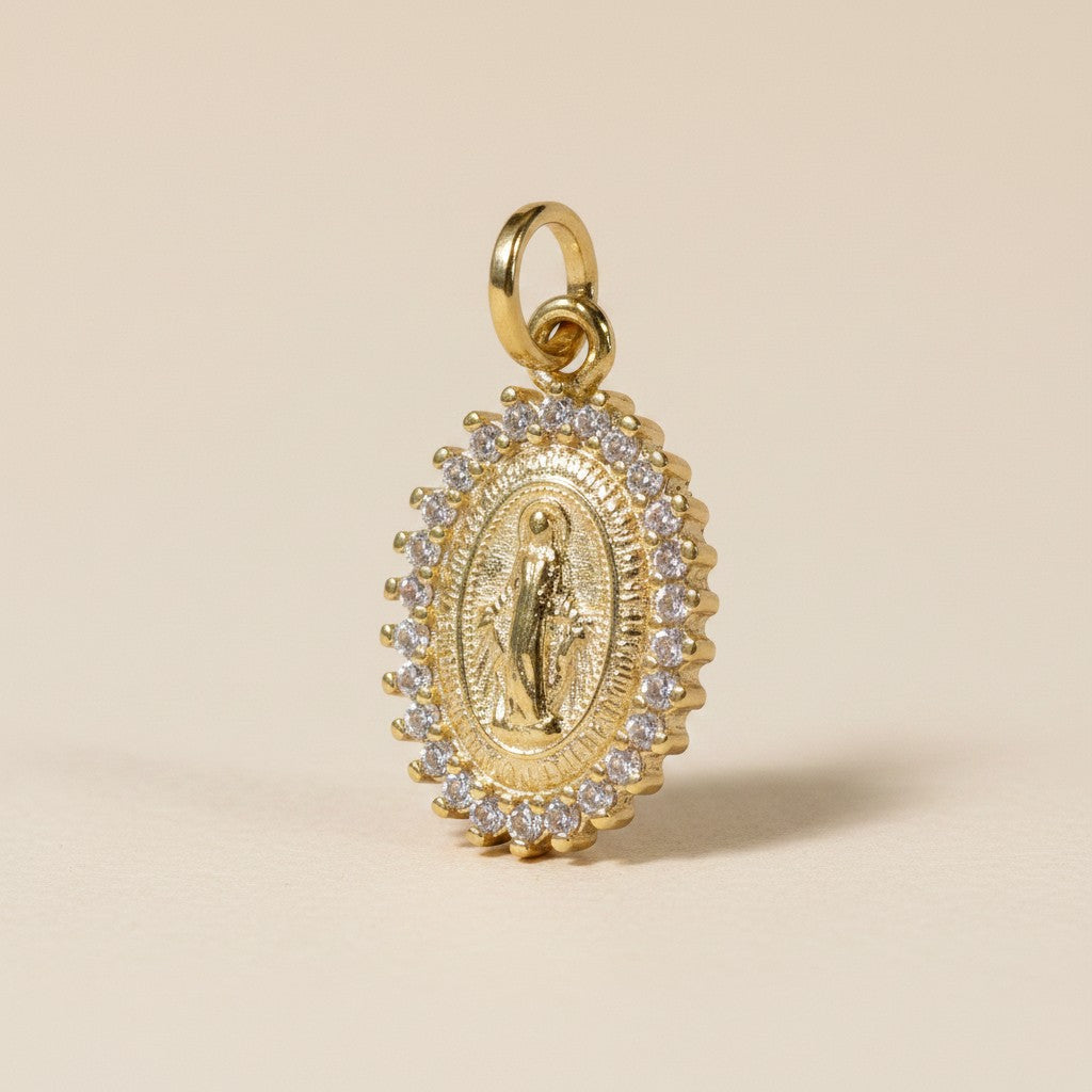 18k Gold Filled Double Sided CZ Lady of Grace Medal Pendant