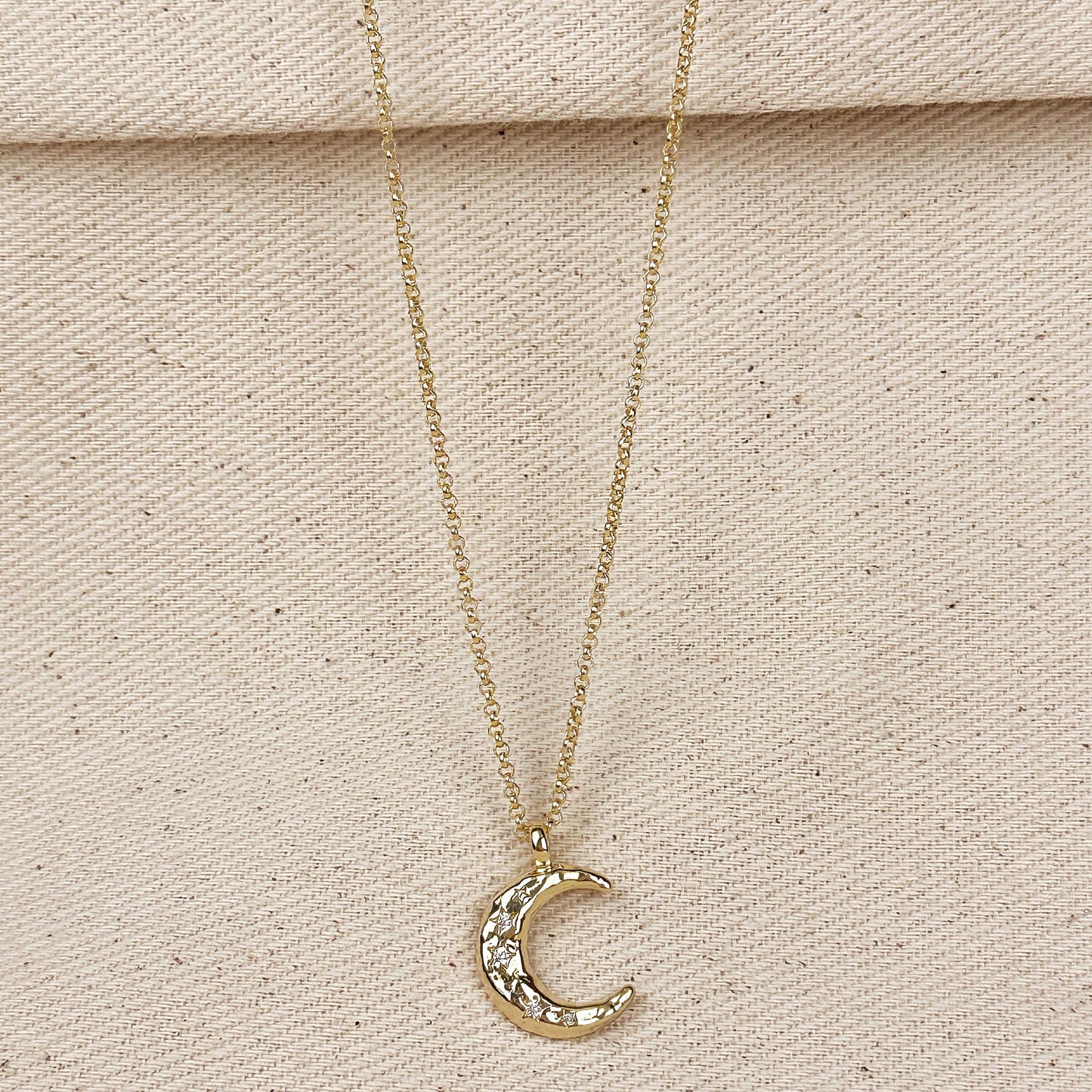 18k Gold Filled Hammered Crescent Moon CZ Necklace