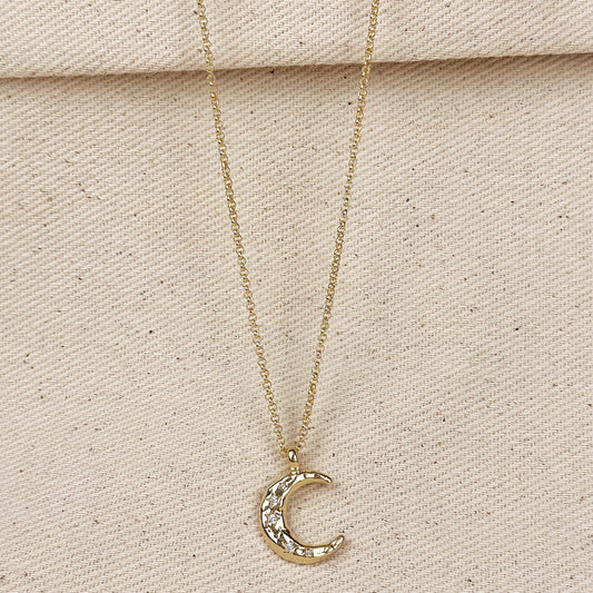 18k Gold Filled Hammered Crescent Moon CZ Necklace