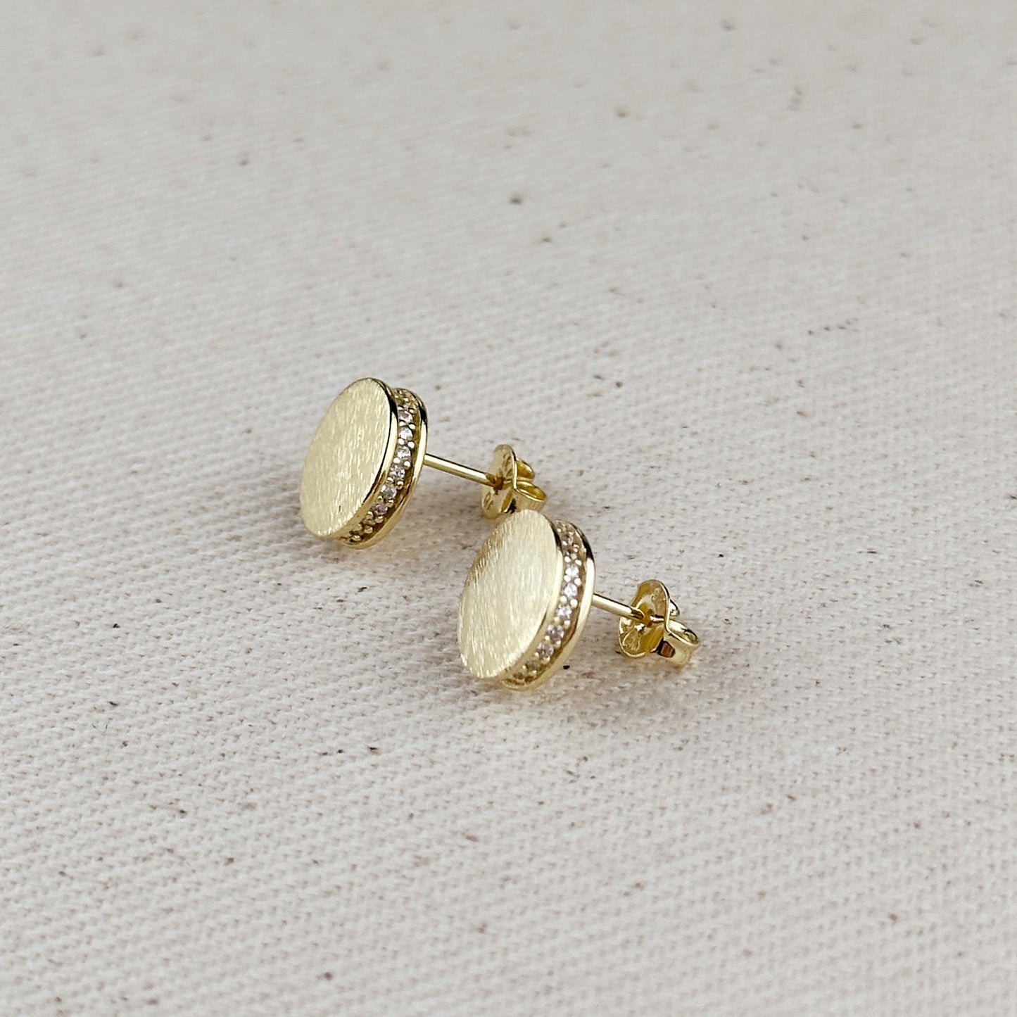 18k Gold Filled Brushed Button Stud Earrings With CZ Detail