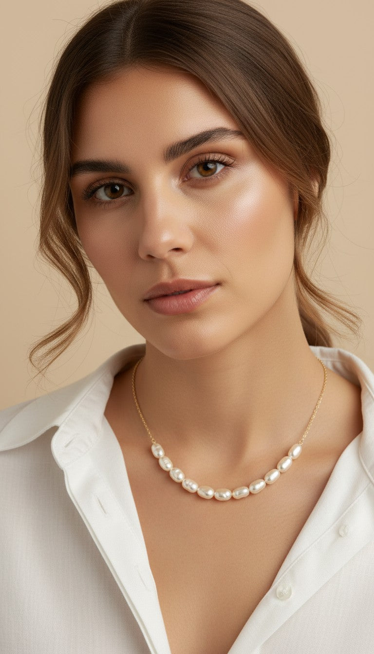 🤍 18k Gold Filled Baroque Pearl Necklace — The Spaced Pearl Design. Closer to the Collarbone.