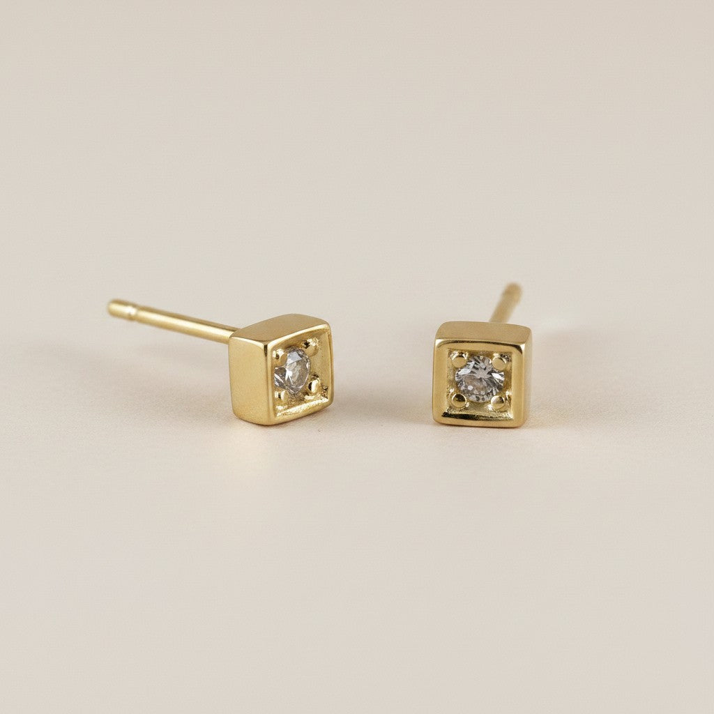 18k Gold Filled Square CZ Stud Earrings | Modern Geometric Style