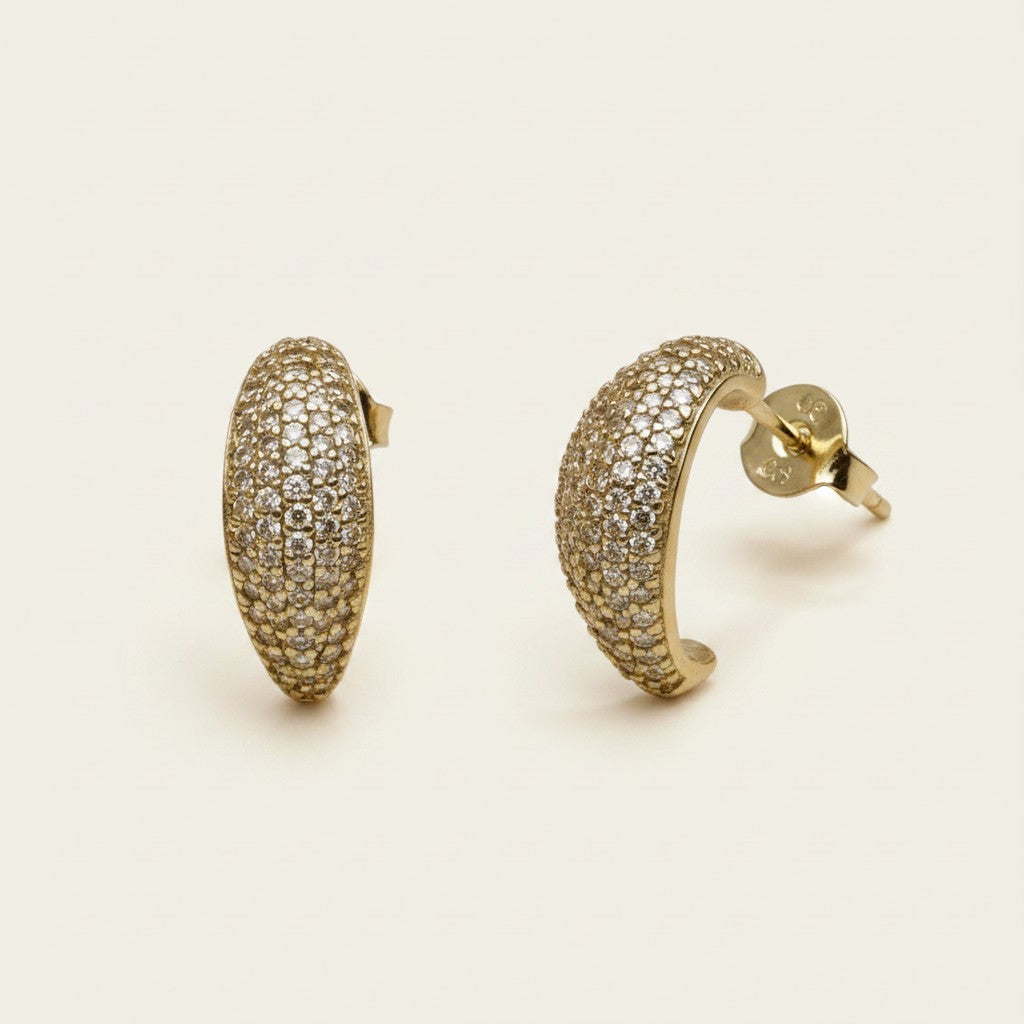 ✨ 18k Gold Filled Micro CZ Curve Earrings — A Single Graceful Arc, Traced in Light.