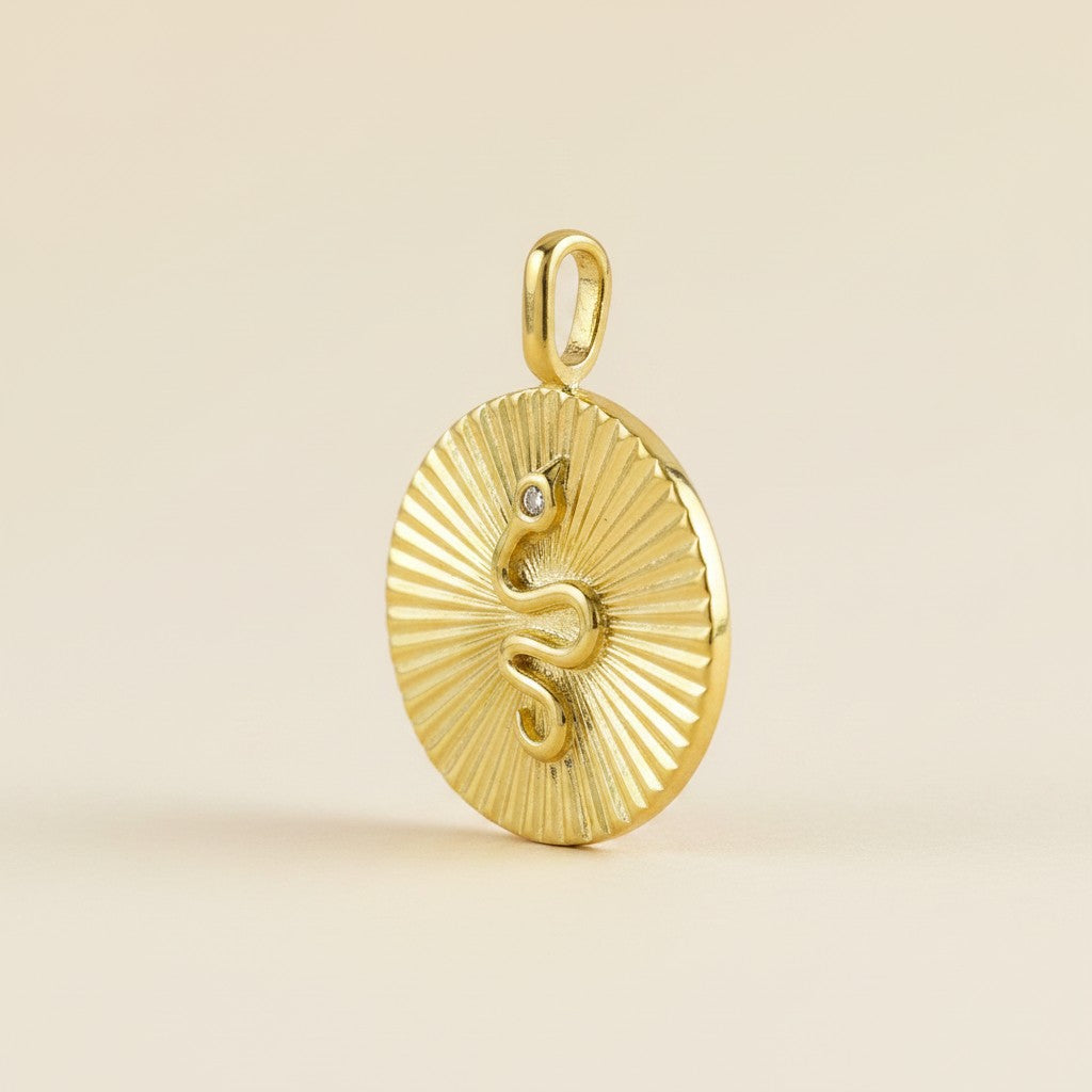 🐍 18k Gold Filled Serpent Sunburst Pendant — Ancient Symbol. Solar Power. One Glittering Eye.