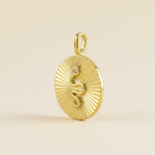🐍 18k Gold Filled Serpent Sunburst Pendant — Ancient Symbol. Solar Power. One Glittering Eye.