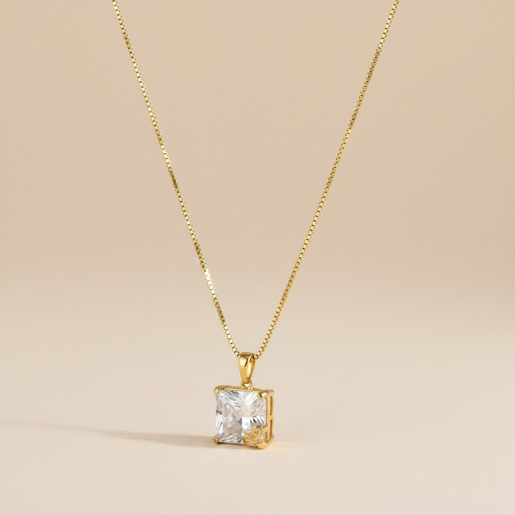 18k Gold Filled Oversized Princess Cut CZ Necklace | Diamond-Like Brilliance