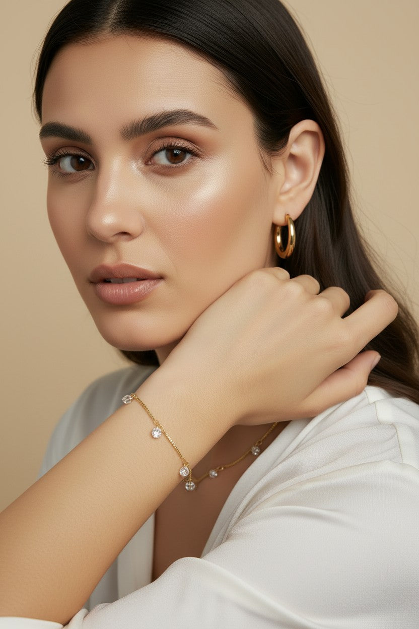 18K Gold Filled Box Chain & CZ Stones Bracelet