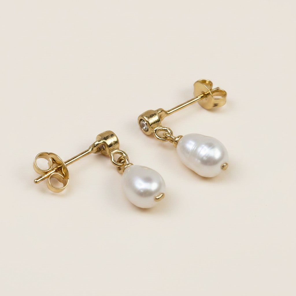 🤍 18k Gold Filled Freshwater Baroque Pearl & CZ Dangle Earrings — Crystal Above. Pearl Below. Nature's Own Pair.