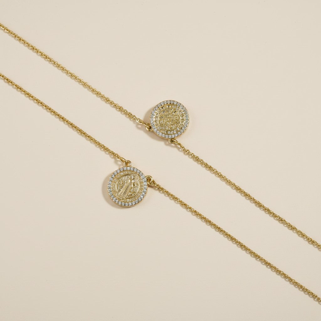 🙏 18k Gold Filled Saint Benedict Scapular Necklace — Front and Back. No Clasp. Unbroken Faith