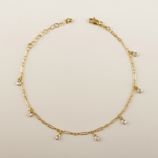 18k Gold Filled Paperclip Chain with Bezel CZ Drops Anklet