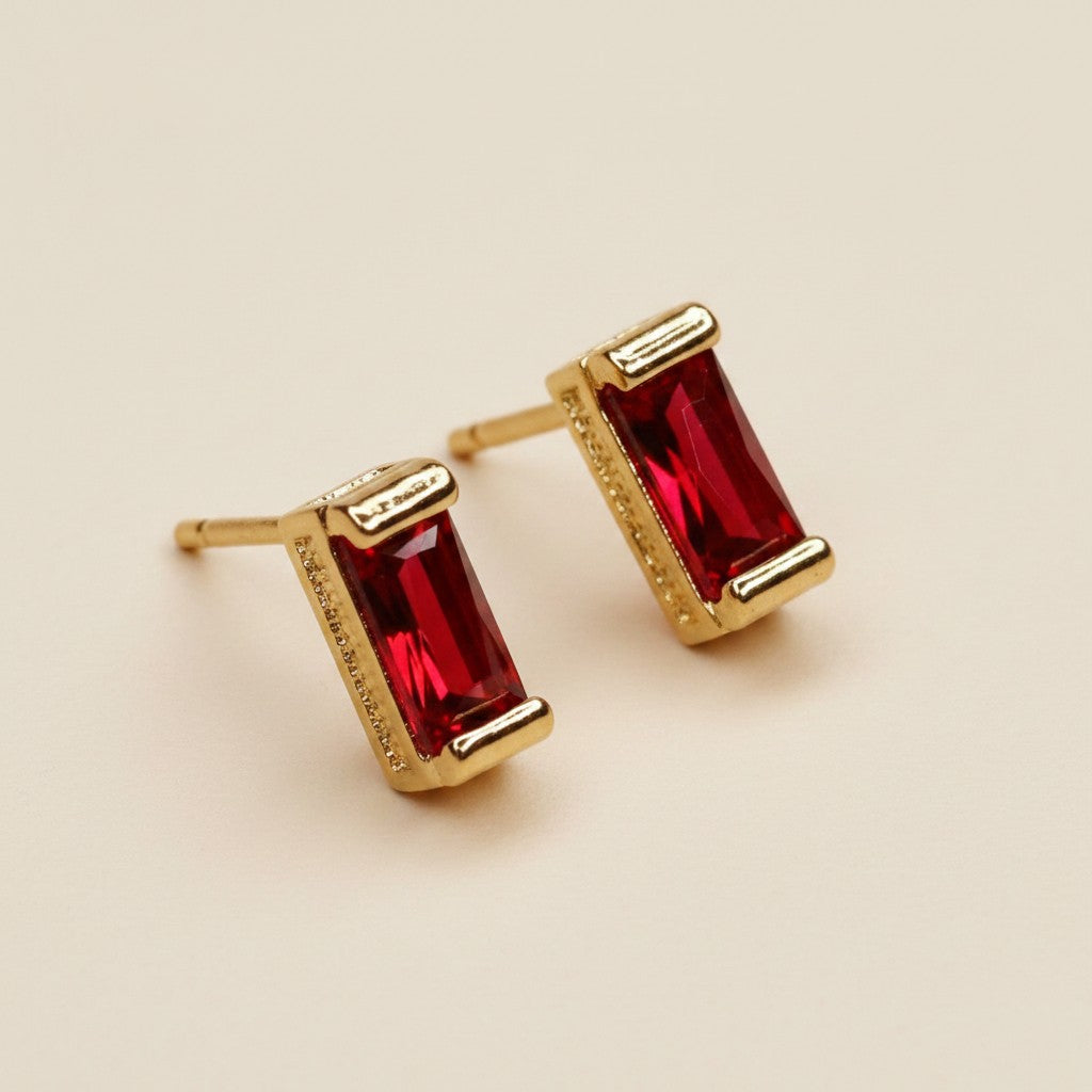 18k Gold Filled Baguette Birthstone Stud Earrings | Personalized Birthday Gift