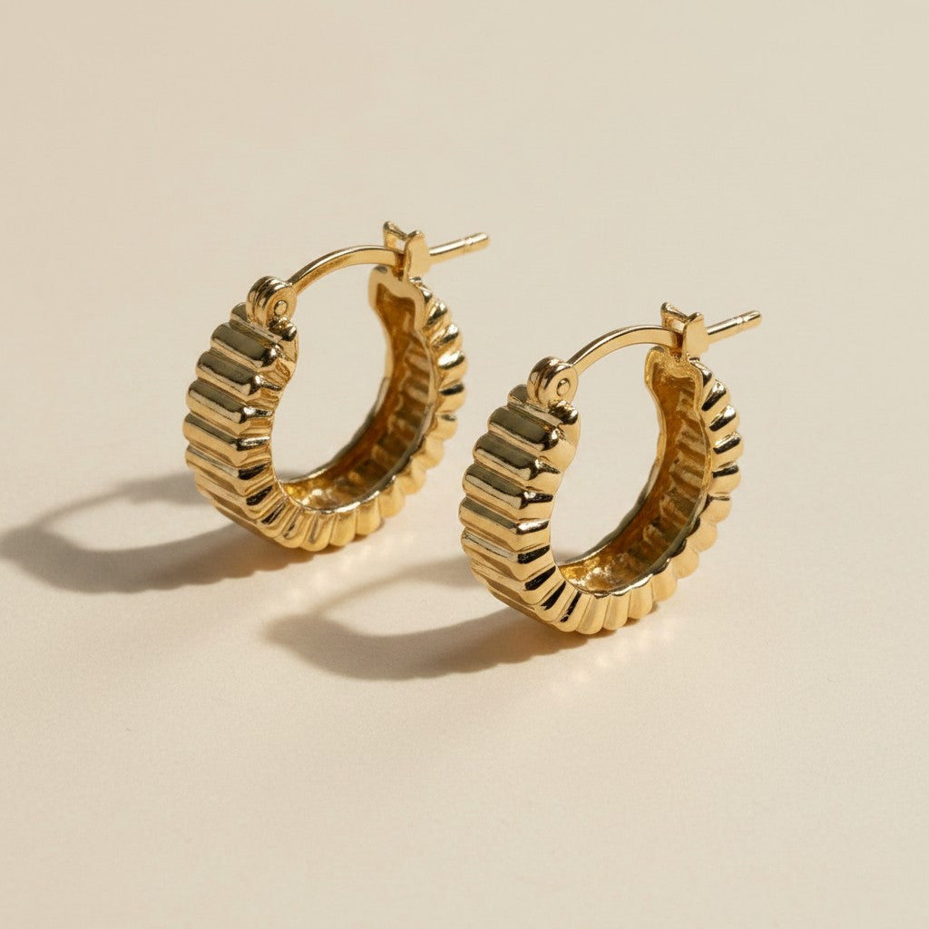 ✨ 18k Gold Filled Ridged Hoop Earrings — Horizontal Texture. Architectural Edge. The Hoop With Character.