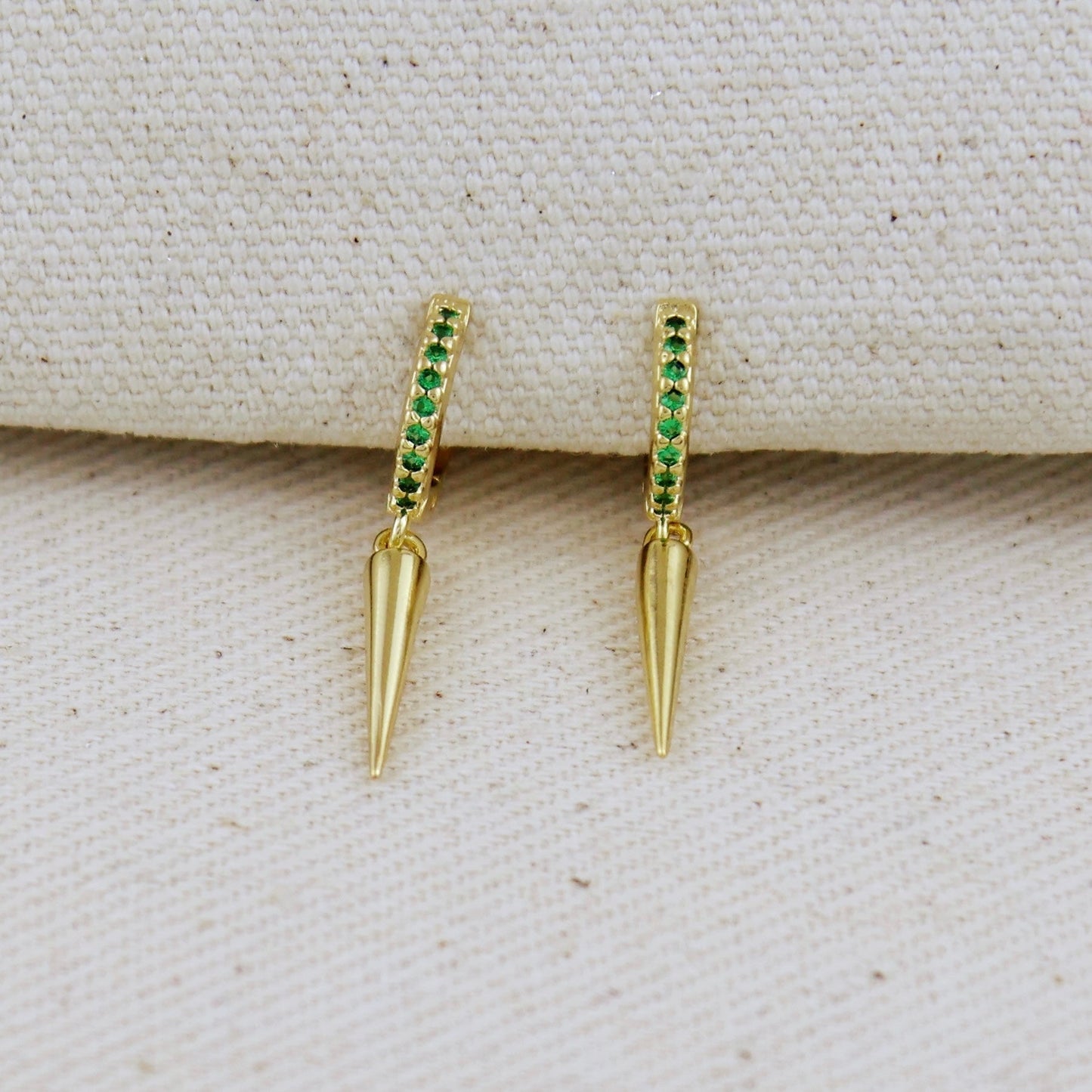 18k Gold Filled Emerald CZ Hoop Earrings With Spike Drop