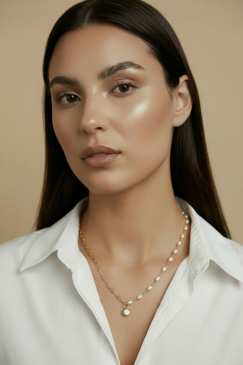 18k Gold Filled Pearl & CZ Mixed Necklace | Unique Layered Sparkle