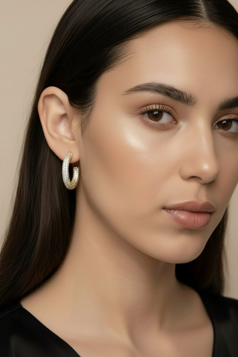 ✨ Iced C-Hoop Earrings — Full Micro CZ Coverage. Three Sizes. Two Metals. One Continuous Sparkle.