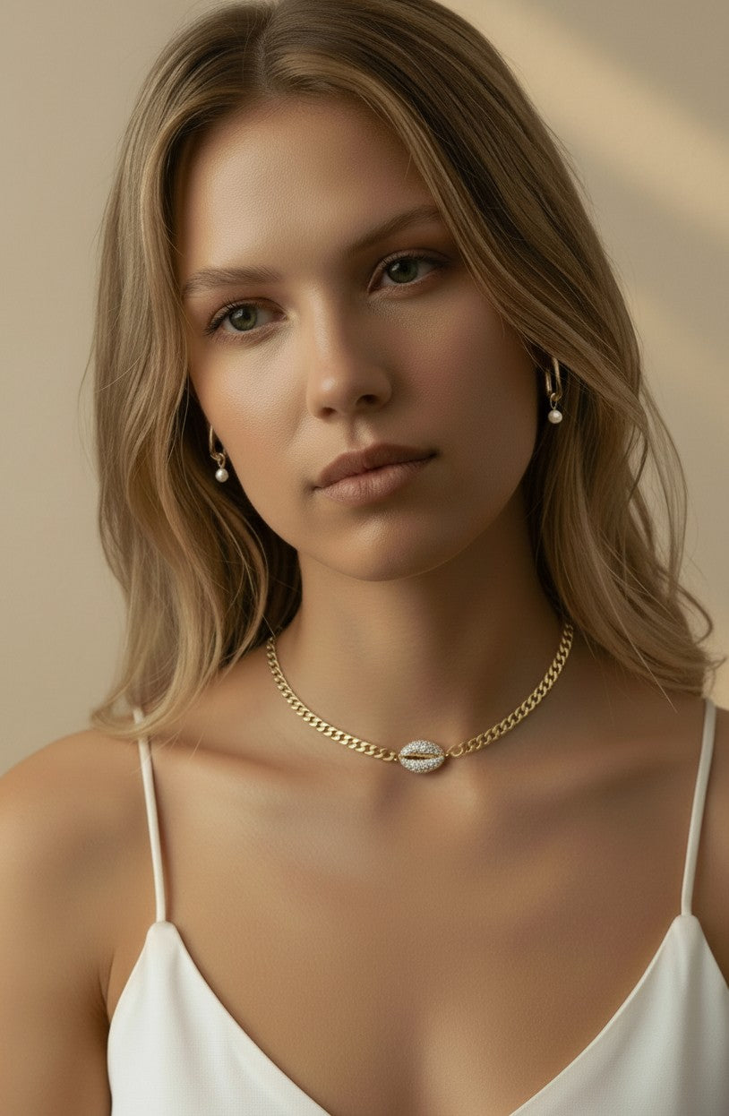 18k Gold Filled Cowrie Shell CZ Choker Necklace | Coastal Chic Meets Modern Glamour