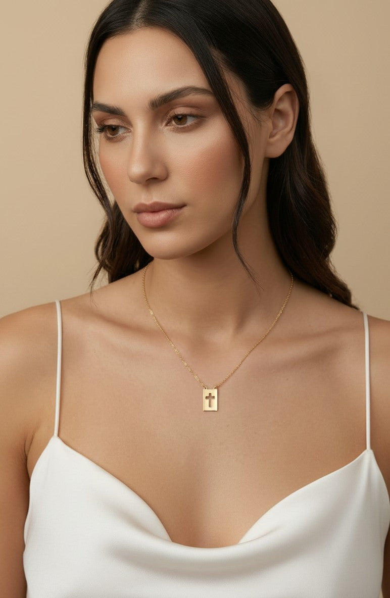 18k Gold Filled Cross Plate Necklace | Faith Meets Modern Elegance