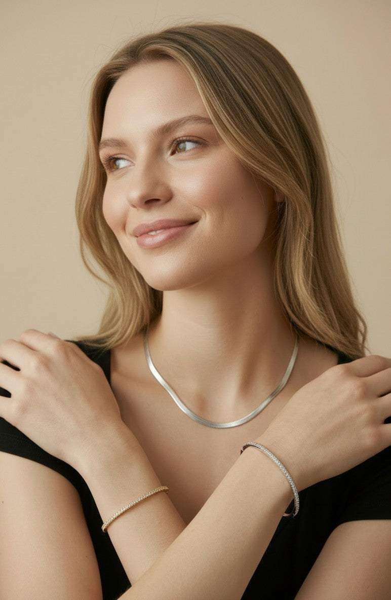 18k Gold Filled Thin Line CZ Bangle Bracelet | Secure Lock, Subtle Sparkle