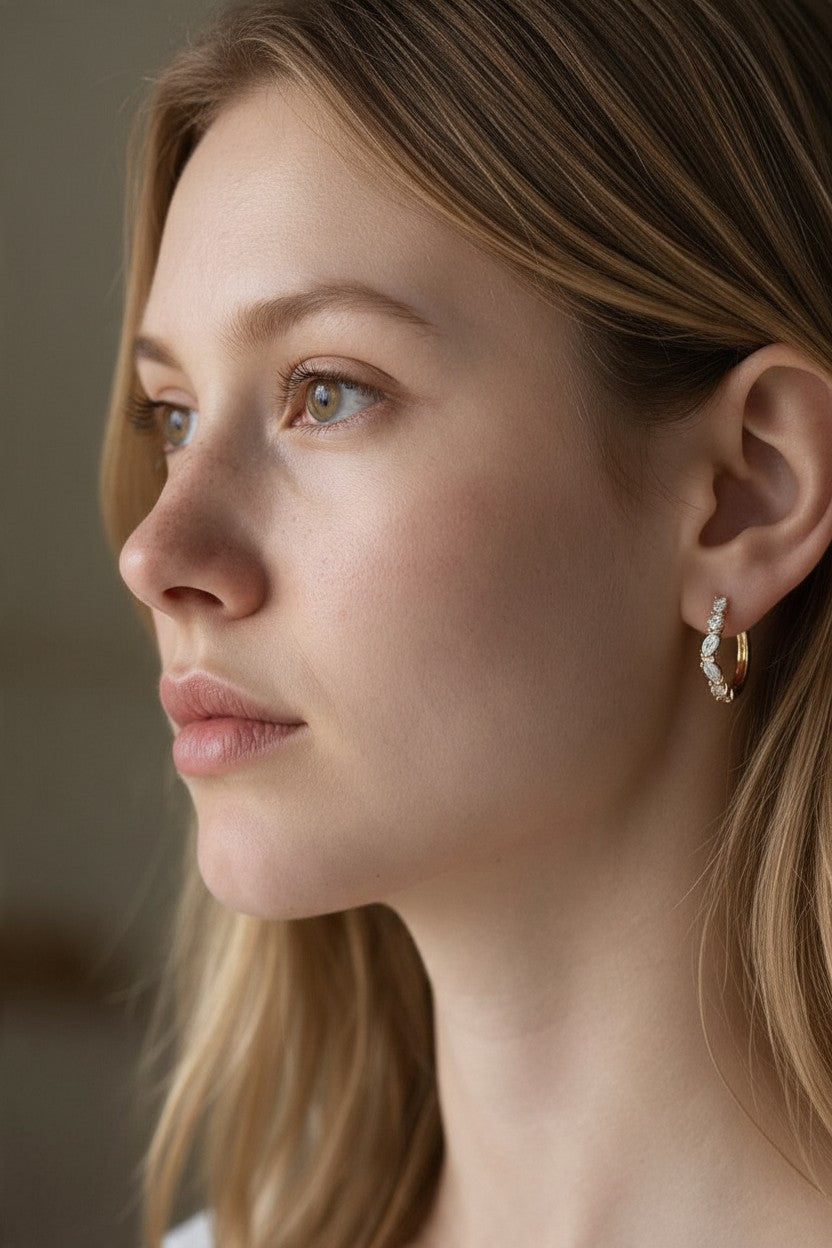 ✨ 18k Gold Filled Round &amp; Marquise CZ Cluster C-Hoop Earrings — Two Cuts. One Arc. Effortless Everyday Sparkle.