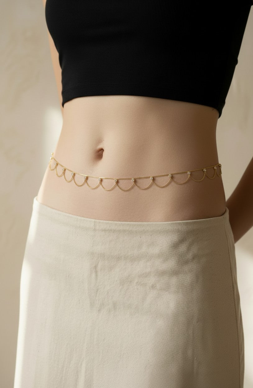 18k Gold Filled Bali Style Belly Chain with CZ Stones | Boho Body Jewelry