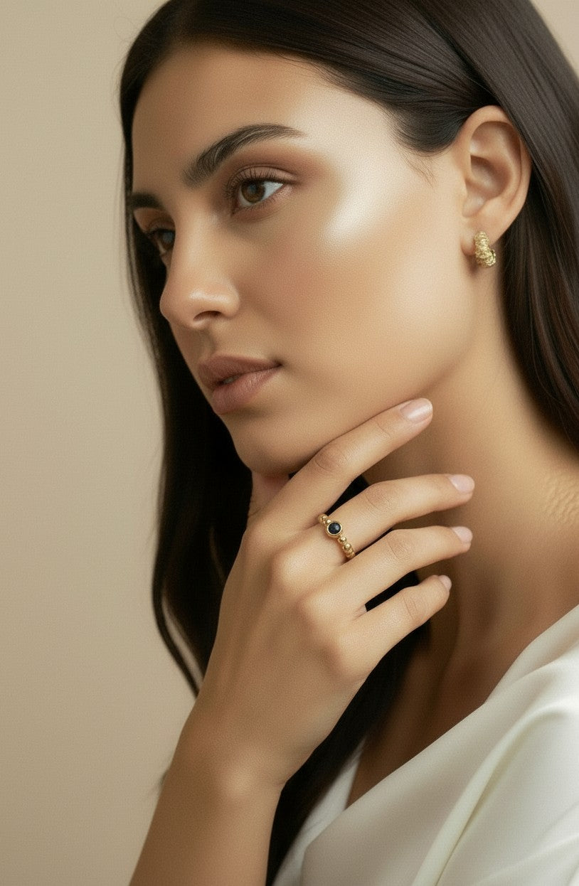 18k Gold Filled Beaded Blue CZ Bezel Ring | Avant-Garde Elegance