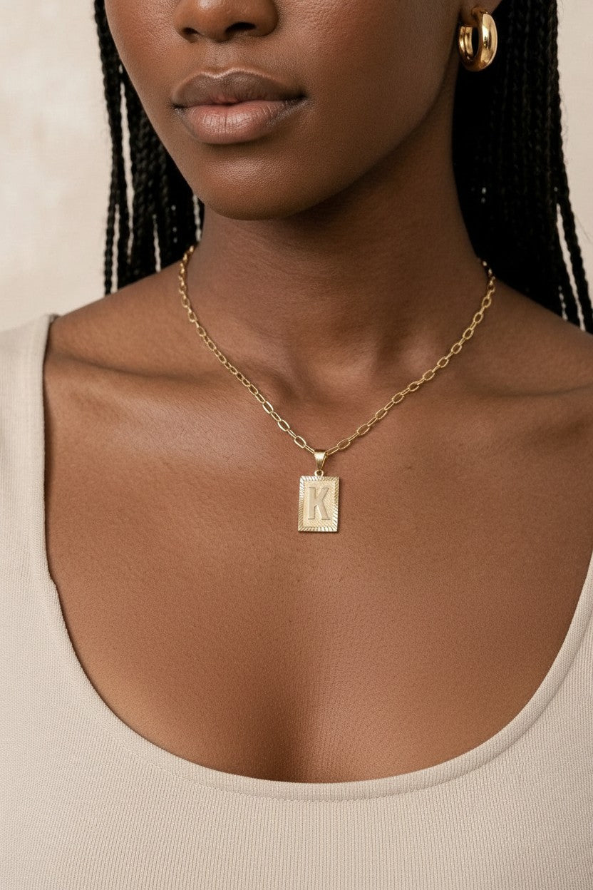 18k Gold Filled Vintage Diamond Cut Initial Plate Pendant | Personal & Timeless