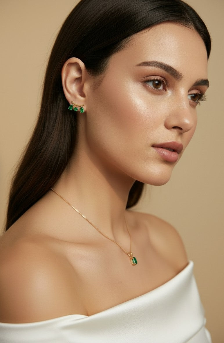 18k Gold Filled Emerald CZ Drop Stud Earrings | Trendy Color, Artful Design