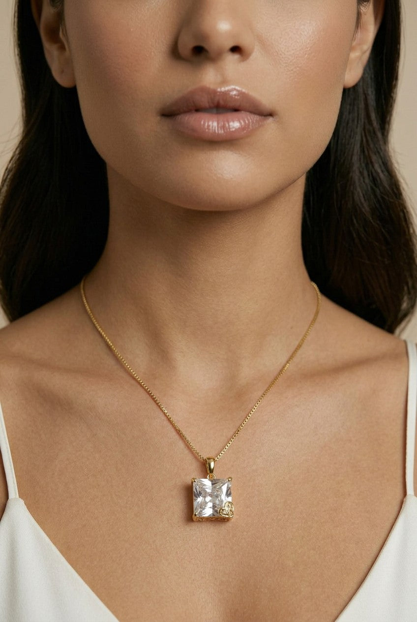 18k Gold Filled Oversized Princess Cut CZ Necklace | Diamond-Like Brilliance