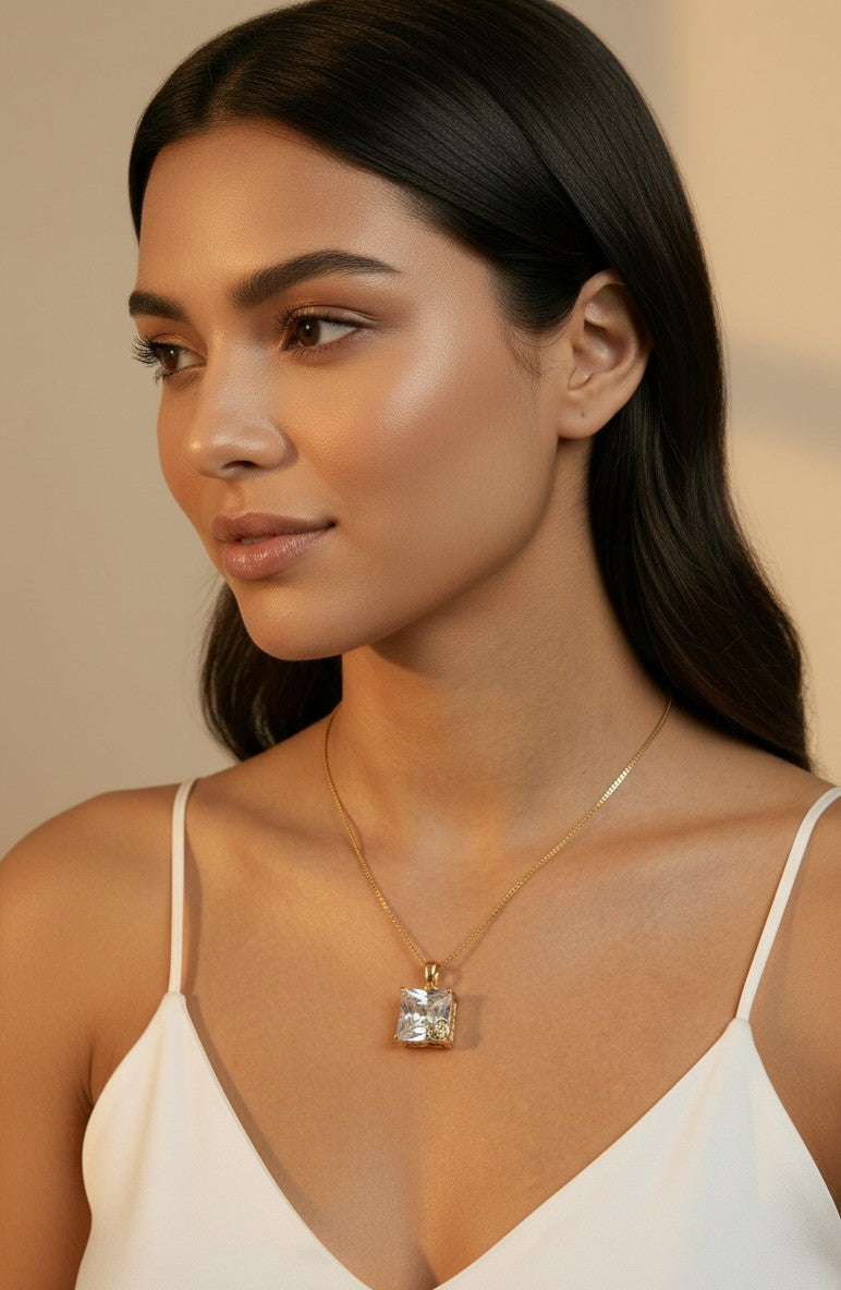 18k Gold Filled Oversized Princess Cut CZ Necklace | Diamond-Like Brilliance