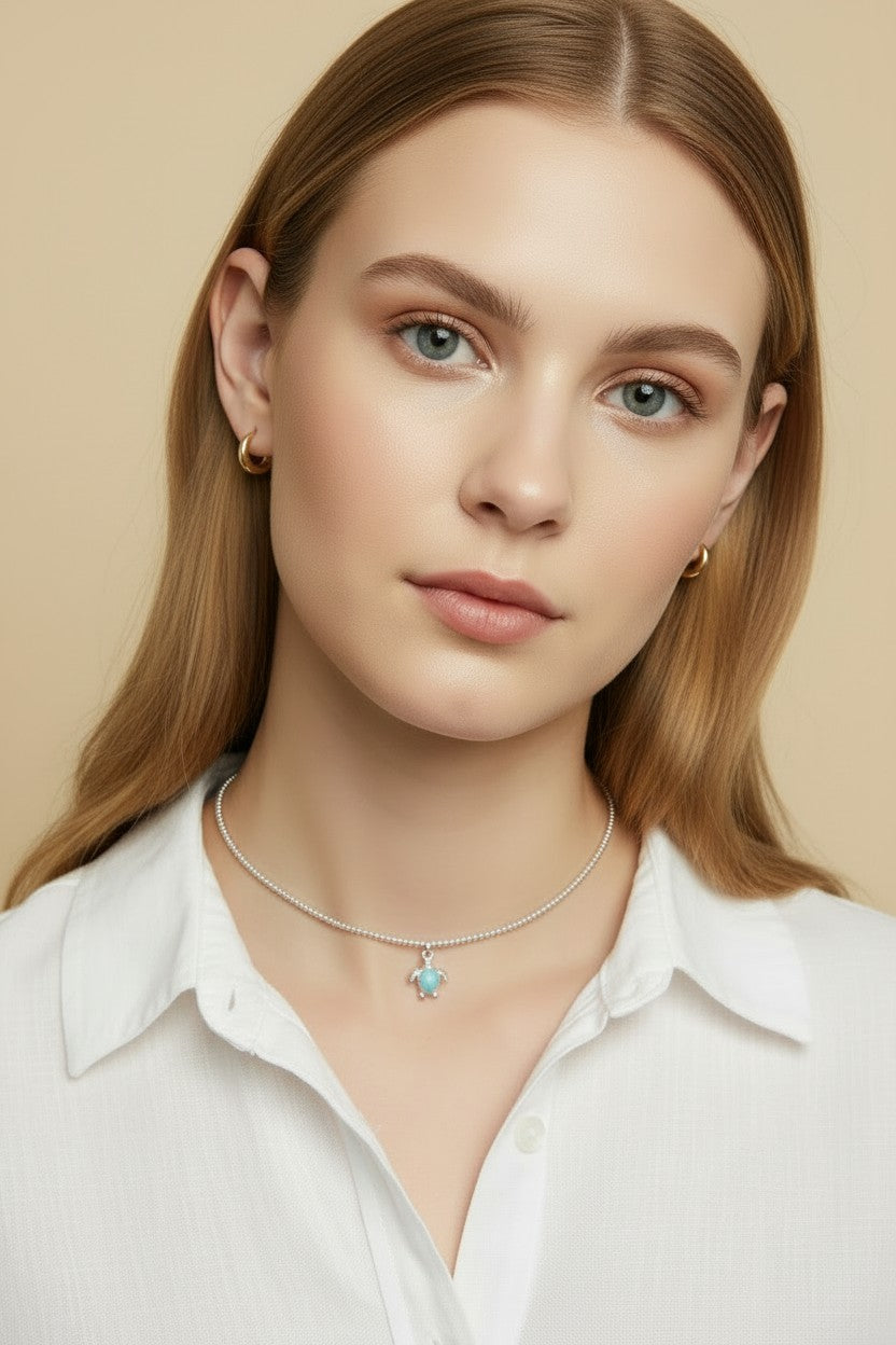 🐢 .925 Silver Filled Sea Turtle Beaded Choker — Salt Water. Silver Beads. One Little Turquoise Turtle.