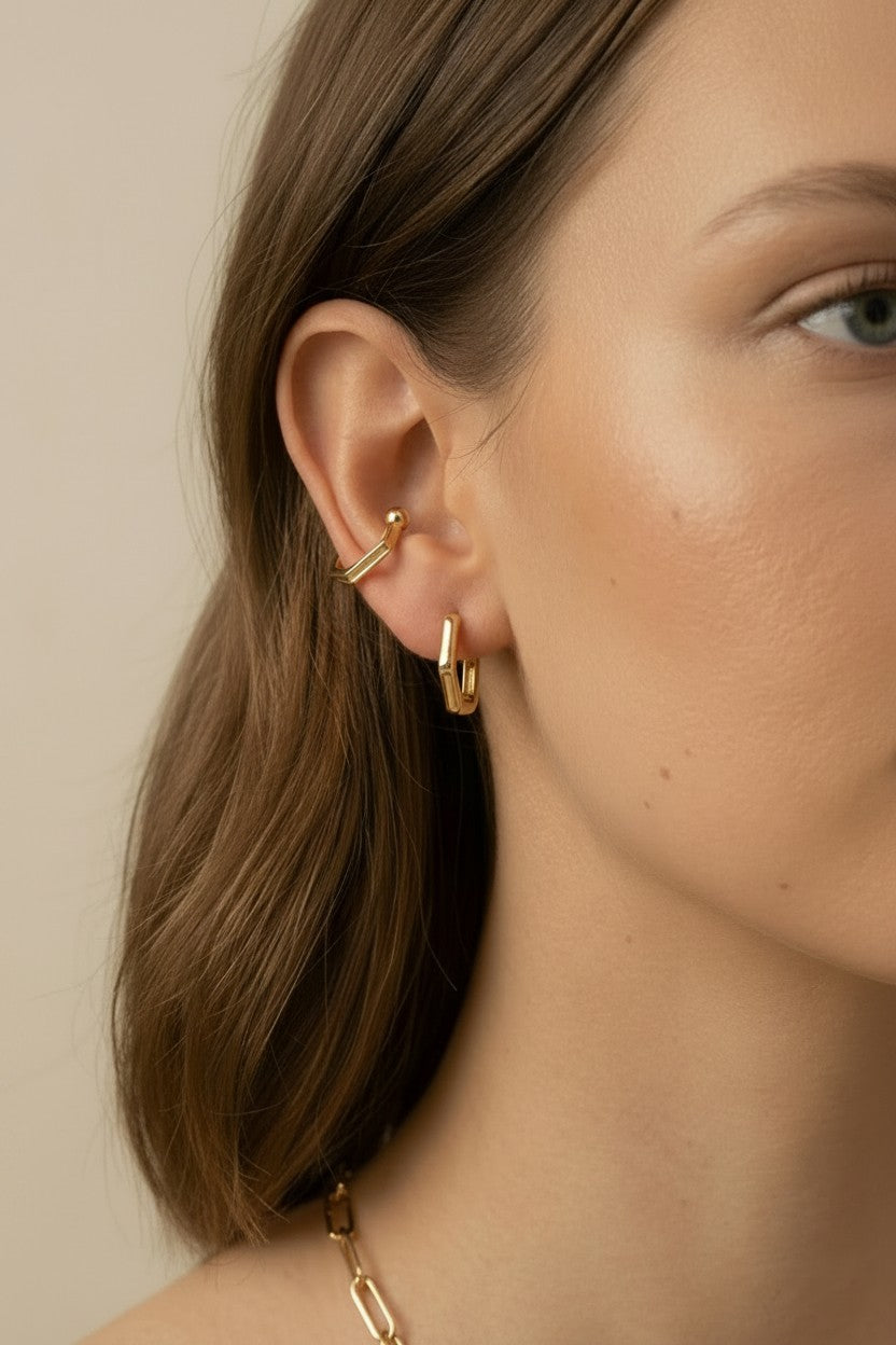 18k Gold Filled Square Ear Cuff | No-Piercing Architectural Edge
