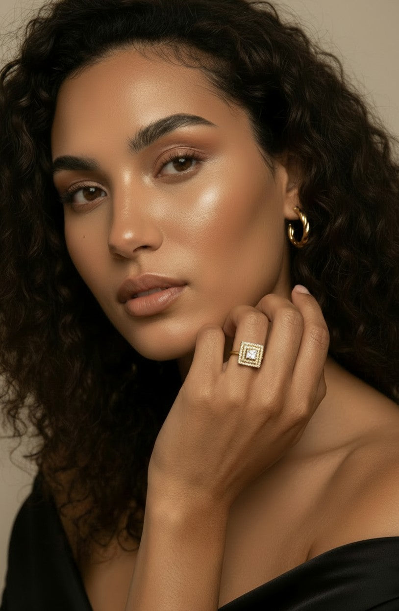 18k Gold Filled CZ Princess Cut Squared Top Ring | Statement Sparkle