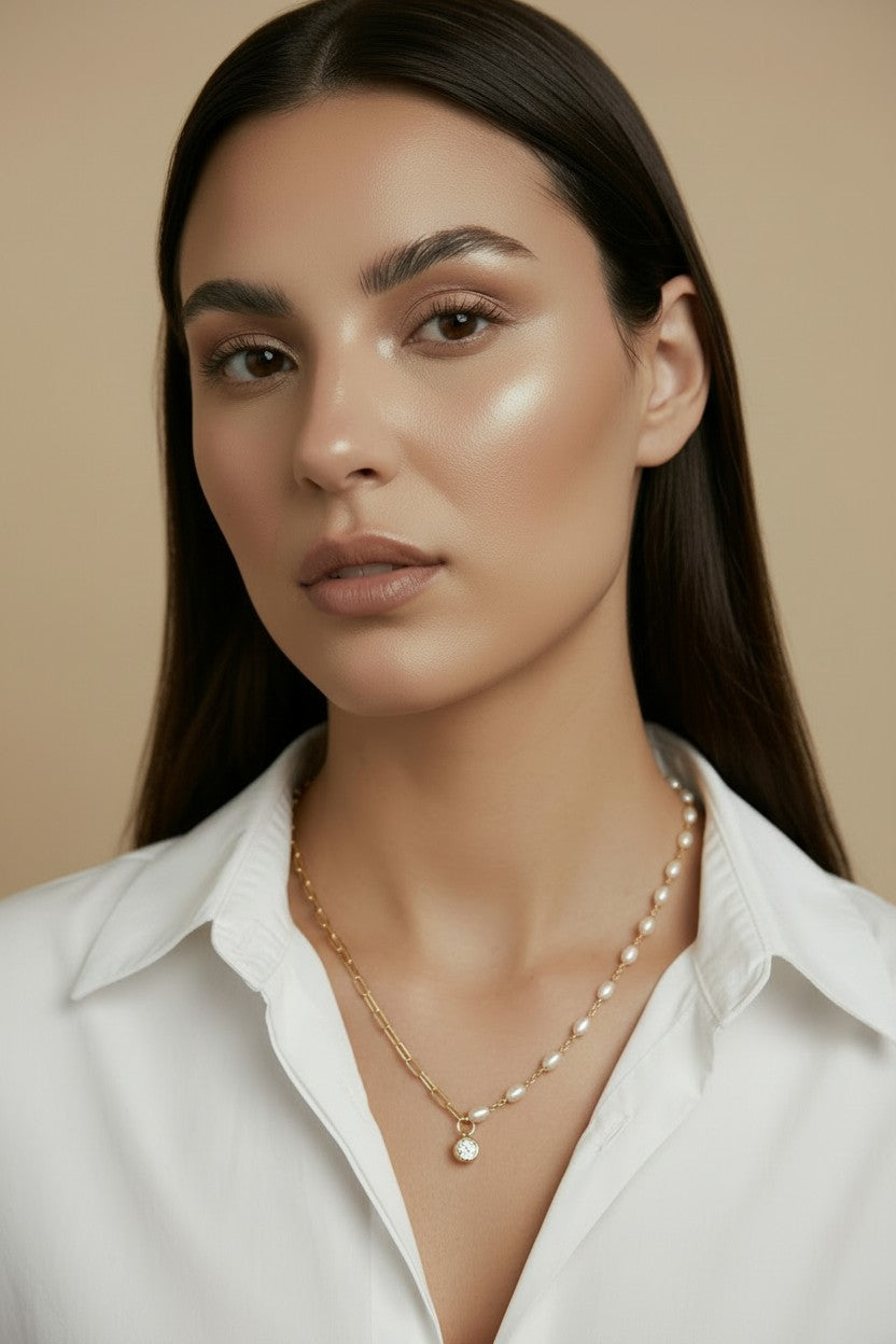 18k Gold Filled Pearl & CZ Mixed Necklace | Unique Layered Sparkle