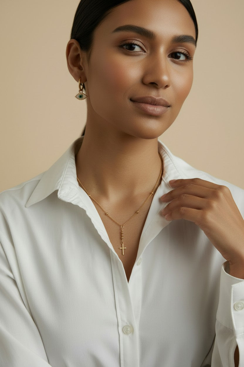 18k Gold Filled Simple Cross Necklace | Beaded Chain, Timeless Faith