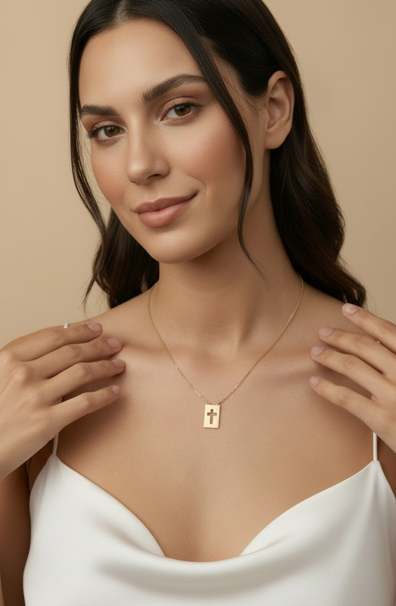 18k Gold Filled Cross Plate Necklace | Faith Meets Modern Elegance